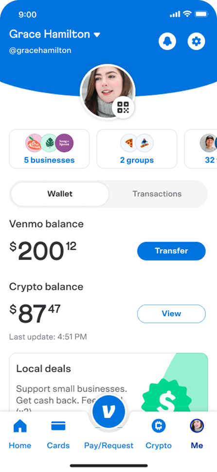 Venmo wallet — balance, crypto, local deals